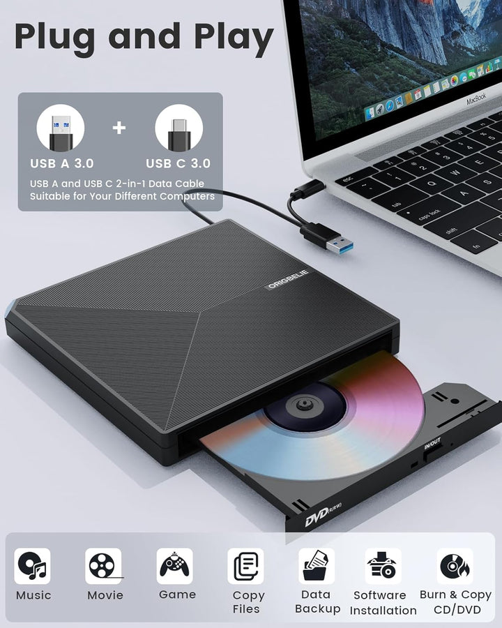 ORIGBELIE Externes DVD Laufwerk, USB 3.0 Typ C CD DVD +/-RW Externer DVD Brenner, Ultra-Slim Externe