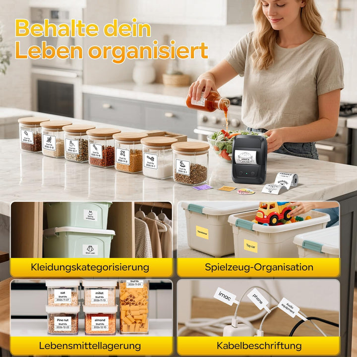 Memoking Bluetooth Etikettendrucker mit 3 Etiketten, Tragbarer Etikettendrucker Selbstklebend mit 30