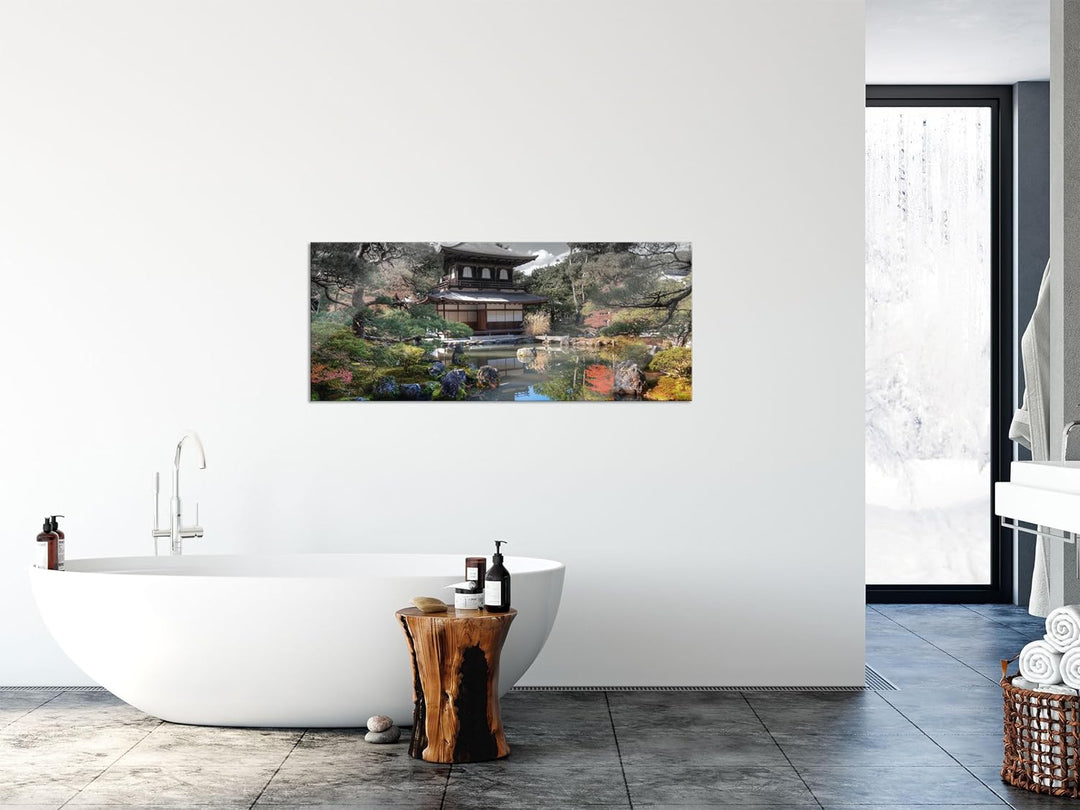 Glasbild Panorama | Wandbild aus Echtglas | Ginkaku-ji-Tempel in Kyoto | 100x40 cm | inkl. Aufhängun