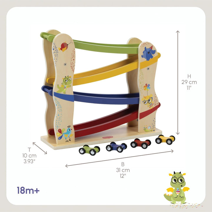Tiny Love Spielzeug Holz-Rennwagen Rampe, Autorennbahn Holz mit 4 Leichtgängigen Holzrennautos, Fein