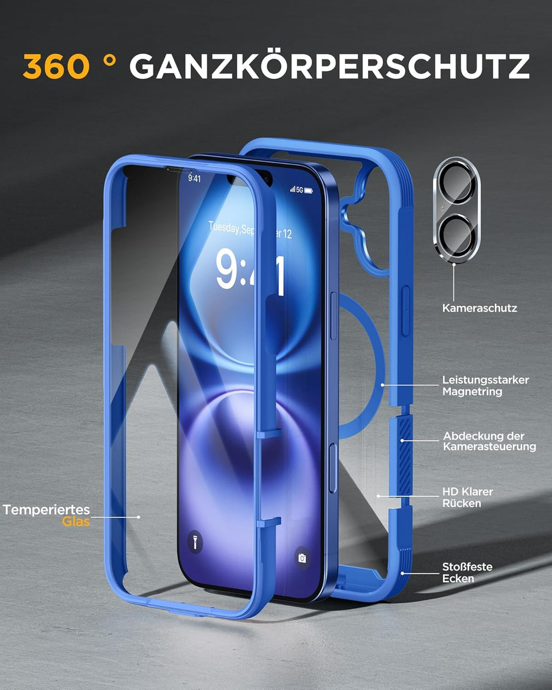Miracase 360 Grad für iPhone 16 Hülle mit Magsafe, Eingebaut Glas Schutzfolie, Komplettschutz HandyH