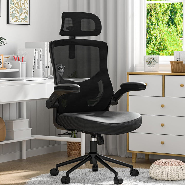 CYKOV Bürostuhl Ergonomisch, PC Stuhl mit Verstellbarer Kopfstütze & Klappbaren Armlehnen, Schreibti