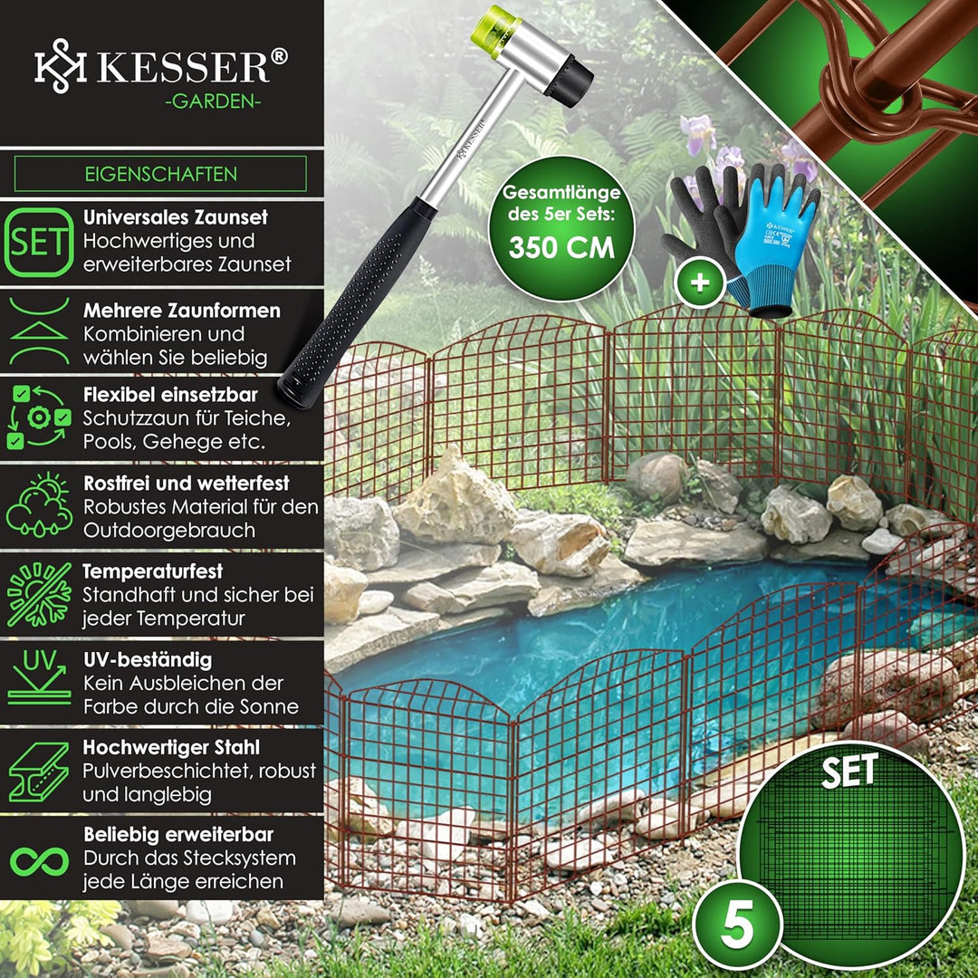 KESSER® Teichzaun Gartenzaun Steckzaun Komplettset Metall 5x Oberbogen Rund Inkl. Handschuhe, 1x Ham