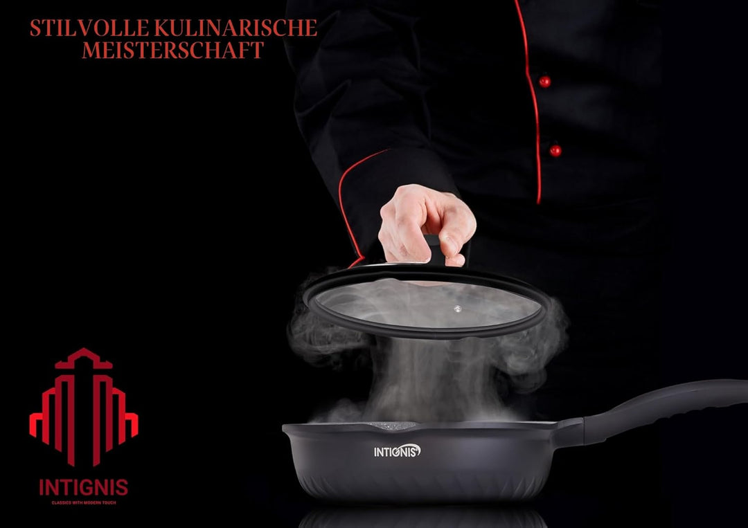 INTIGNIS Premium-Bratpfanne mit Deckel, Kratzfest, 28 cm, Extra Tief, Kompatibel mit allen Herdarten