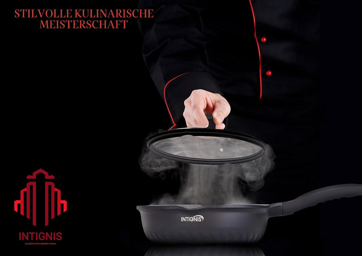 INTIGNIS Premium-Bratpfanne mit Deckel, Kratzfest, 28 cm, Extra Tief, Kompatibel mit allen Herdarten
