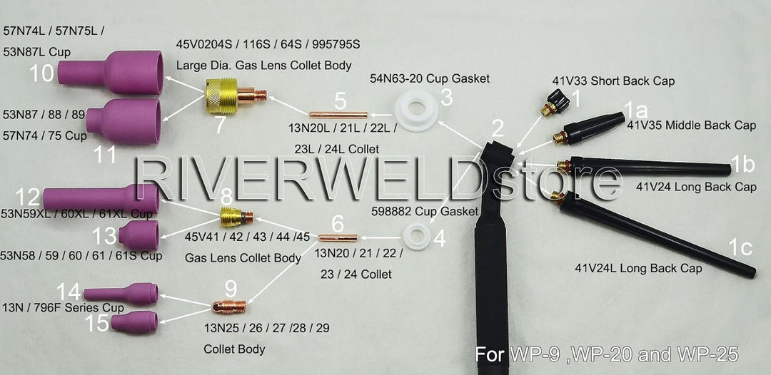 RIVERWELD WIG Gaslinse Spannzangenkörper 1,0mm-3,2mm Spannzange Pyrex Cup 10 Aluminiumoxid Düse Cups