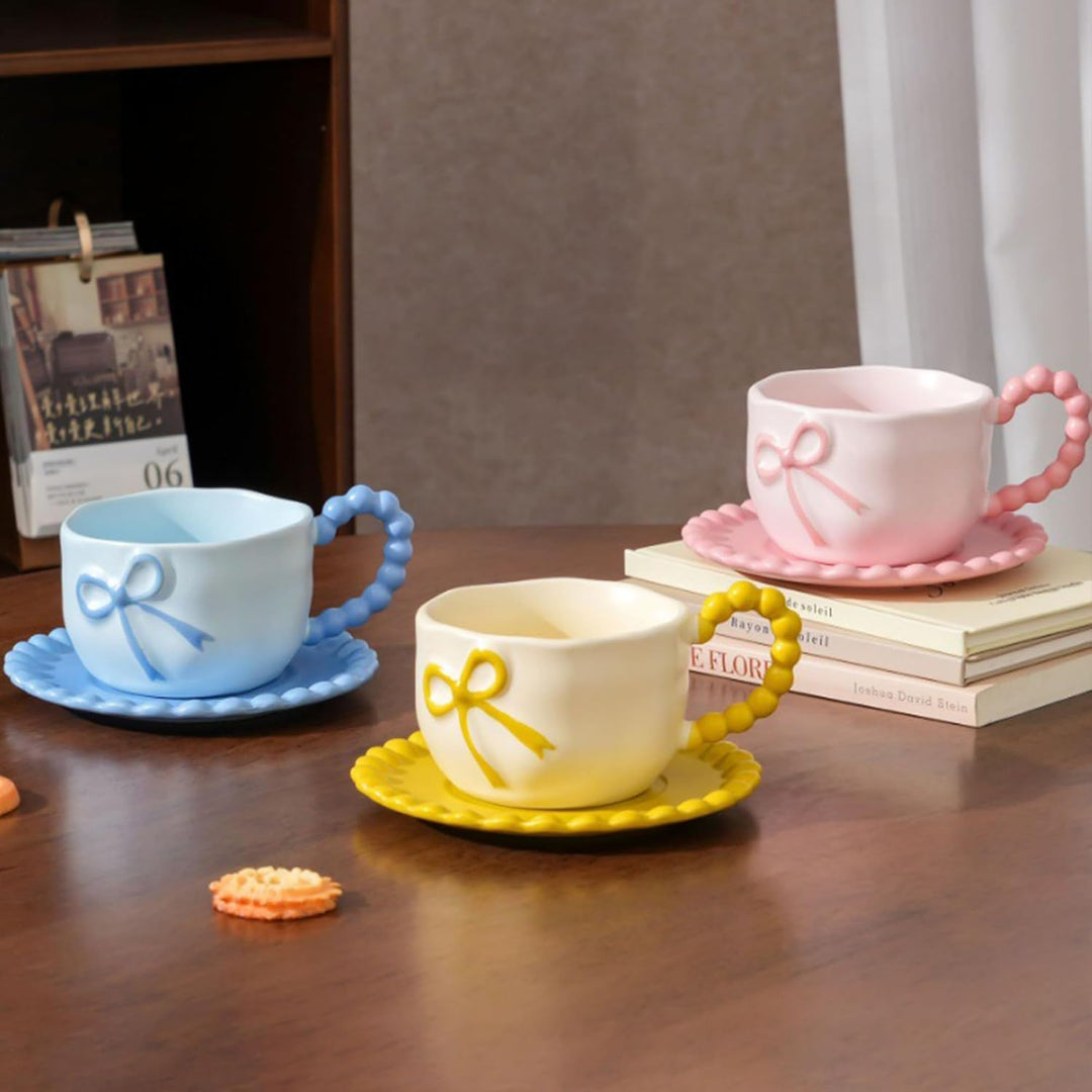 350 ML Blau Schleife Kaffeebecher Cute Mug Porzellan Kaffee Tee Tasse Keramik Tasse mit Schleife und