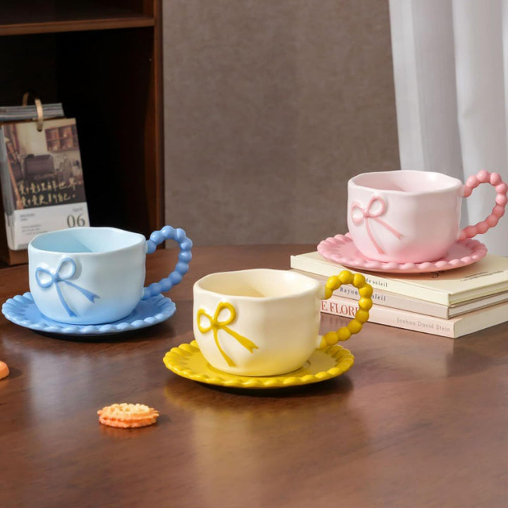 350 ML Blau Schleife Kaffeebecher Cute Mug Porzellan Kaffee Tee Tasse Keramik Tasse mit Schleife und