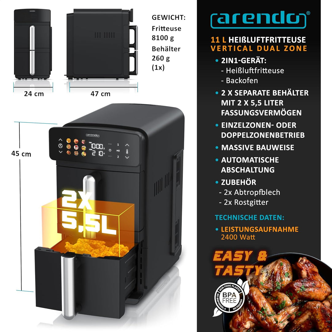 Arendo - Heissluftfritteuse Dual Zone Doppelkammer – XXL 11L Kapazität – 2 Kammern 2 Zonen – Airfrye