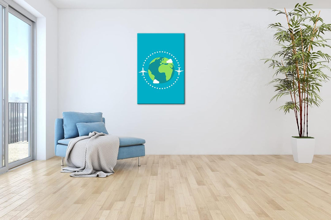 Flugzeug um die Erde Logo Format: 100x70 als Leinwandbild, Motiv fertig gerahmt auf Echtholzrahmen,