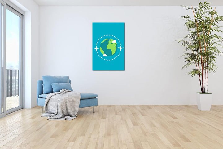 Flugzeug um die Erde Logo Format: 100x70 als Leinwandbild, Motiv fertig gerahmt auf Echtholzrahmen,
