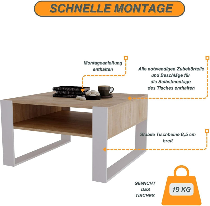 CraftPAK Couchtisch mit Stauraum | moderner Wohnzimmertisch aus Holzwerkstoff | massiv und stabil |