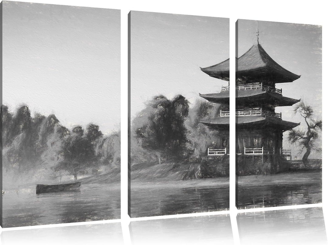 Pixxprint asiatischer Tempel an See / 3-Teilig/Gesamtmass 120cm Leinwandbild bespannt auf Holzrahmen