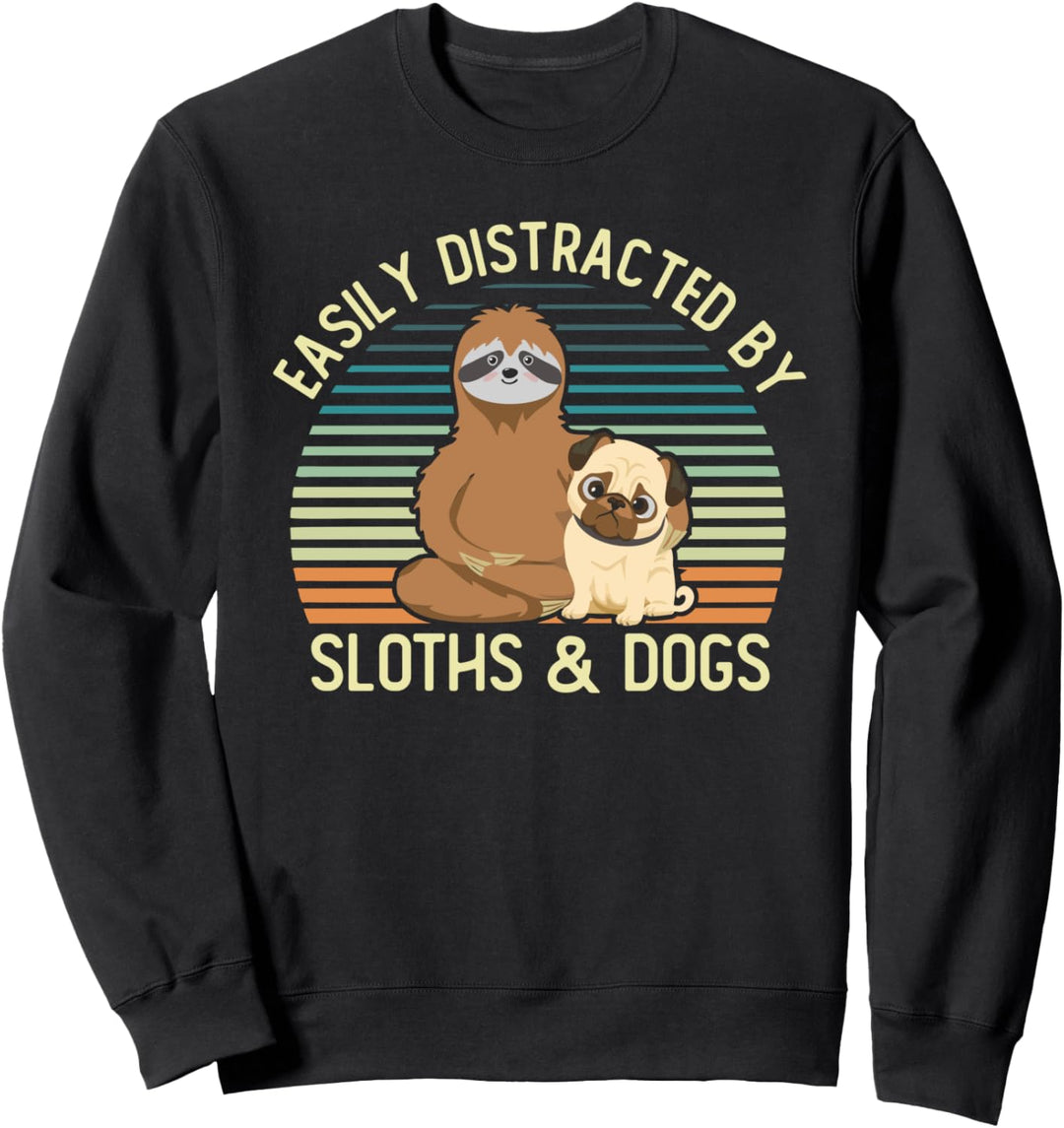 Sloth and Dog Lover Vintage Funny Easily Distracted By Dogs Sweatshirt