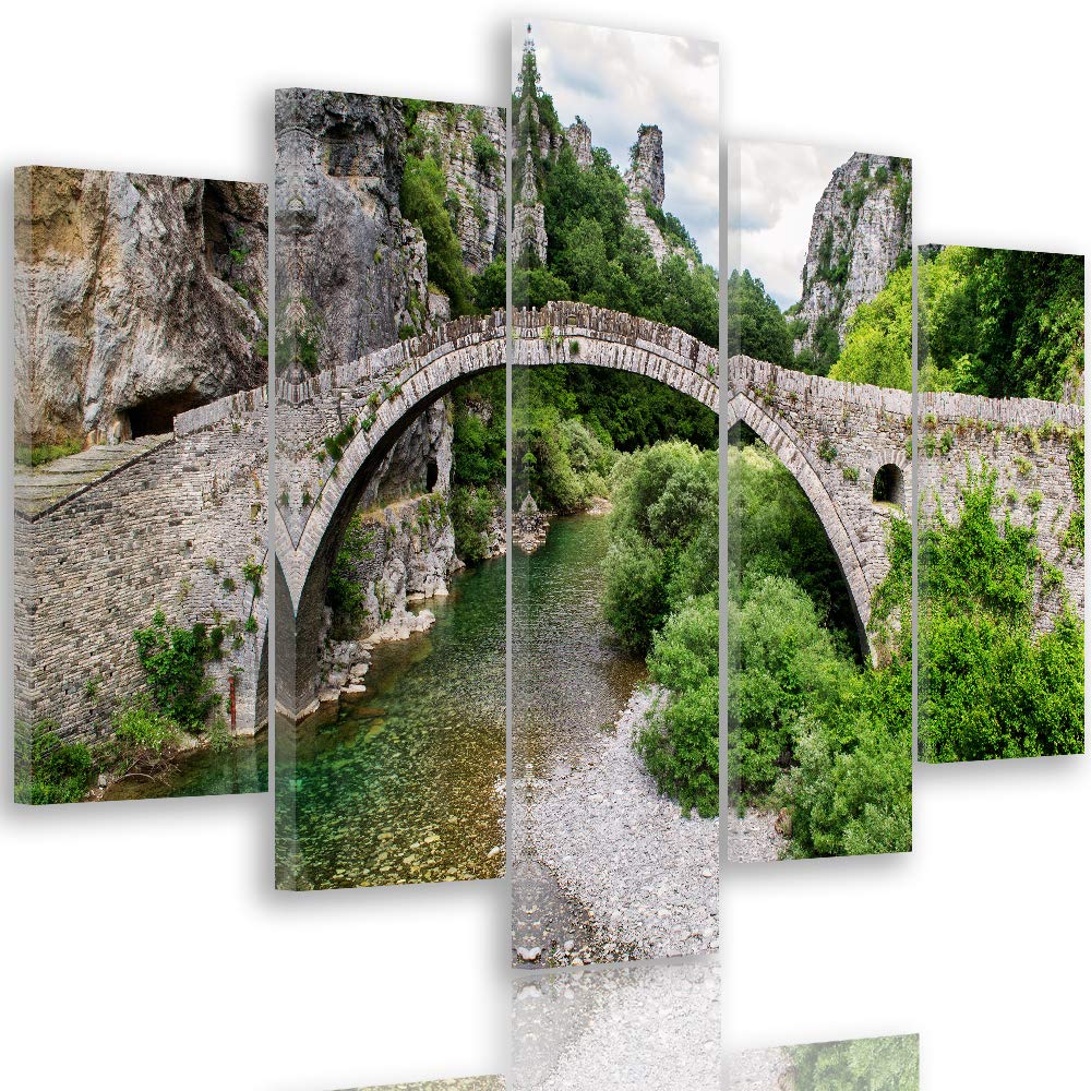 Leinwandbild 5 Teilig Landschaft Bild Wanddeko Brücke Fluss Berge grün 150x100 cm Leinwandbild 150x1