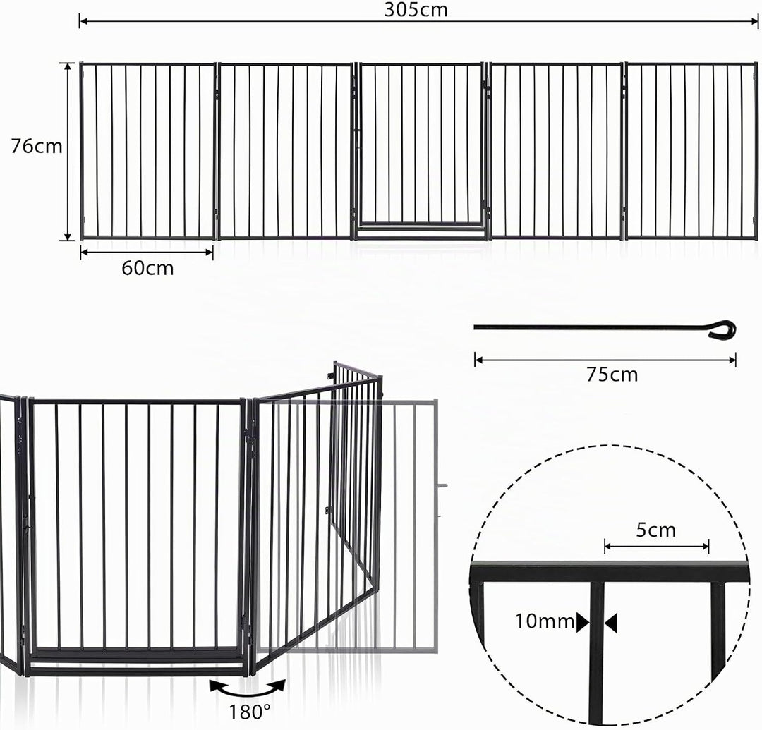 Aufun 5-tlg Metall Kaminschutzgitter mit Tür Schwarz Laufstall 60 x76 cm Kindersicherer Kaminzaun Tü
