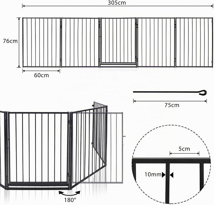 Aufun 5-tlg Metall Kaminschutzgitter mit Tür Schwarz Laufstall 60 x76 cm Kindersicherer Kaminzaun Tü