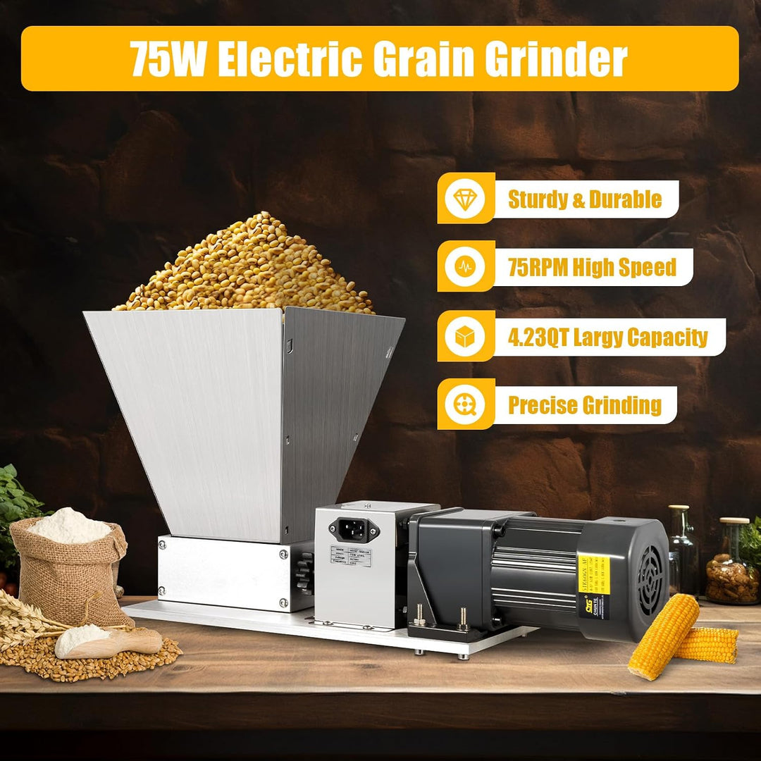 Elektrische Getreidemühle aus Edelstahl, 4 L, 20 kg/h, 75 W | 4-L-Trichter, einstellbare Edelstahlwa
