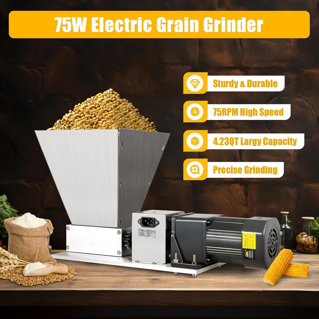 Elektrische Getreidemühle 75W mit Edelstahl-Walzen, 20kg/h | 4-Liter-Trichter, Walzenabstand 0–2,5 m