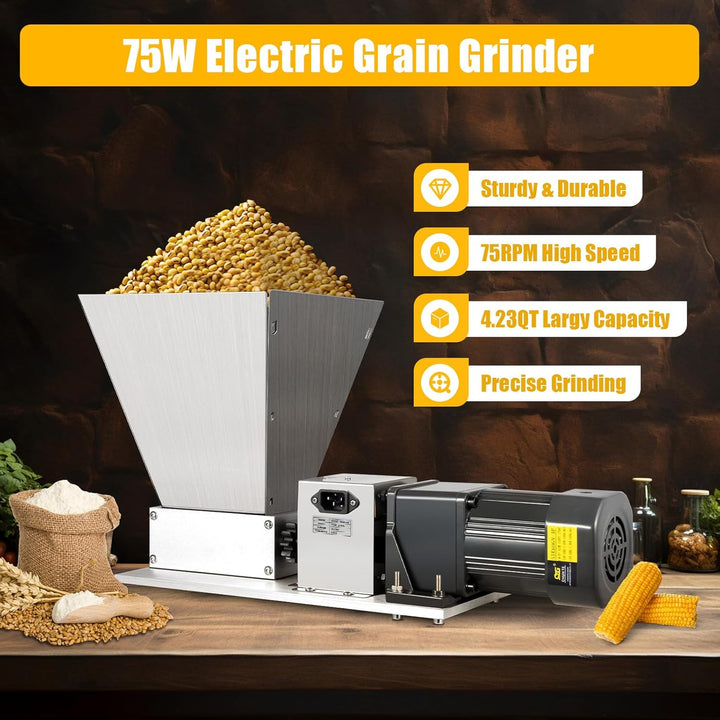 Elektrische Getreidemühle 75W mit Edelstahl-Walzen, 20kg/h | 4-Liter-Trichter, Walzenabstand 0–2,5 m