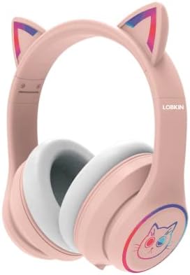 LOBKIN Bluetooth 5.3 Kinder Kopfhörer mit Tasche - RGB LED-licht Katzenohren Faltbare Stereo Headset