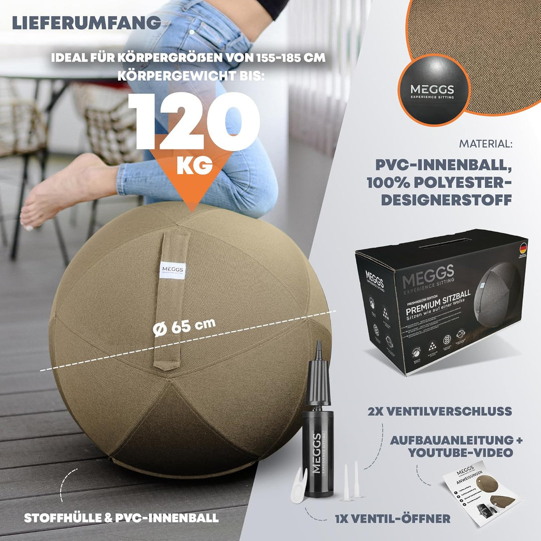 MEGGS® Stoff-Sitzball 65cm, Ergonomisch Sitzen im Büro & Zuhause, [Wegrollschutz & Platz-Sicher], Pe