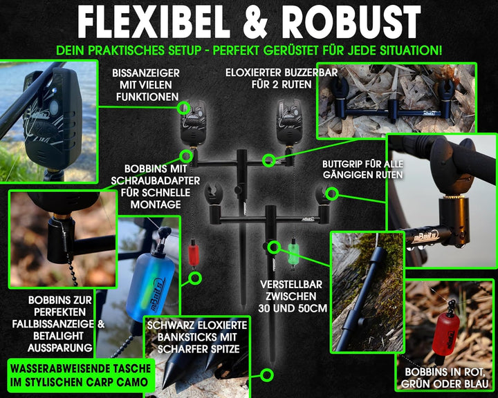 Angel-Berger Magic Baits Black Quick Rod Pod mit Tasche Bissanzeiger Rutenauflage Bobbin