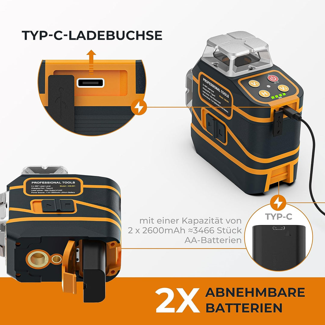 CIGMAN Kreuzlinienlaser 3 x 360 Grad grün Selbstnivellierend Laser Wasserwaage, 2 x abnehmbare wiede