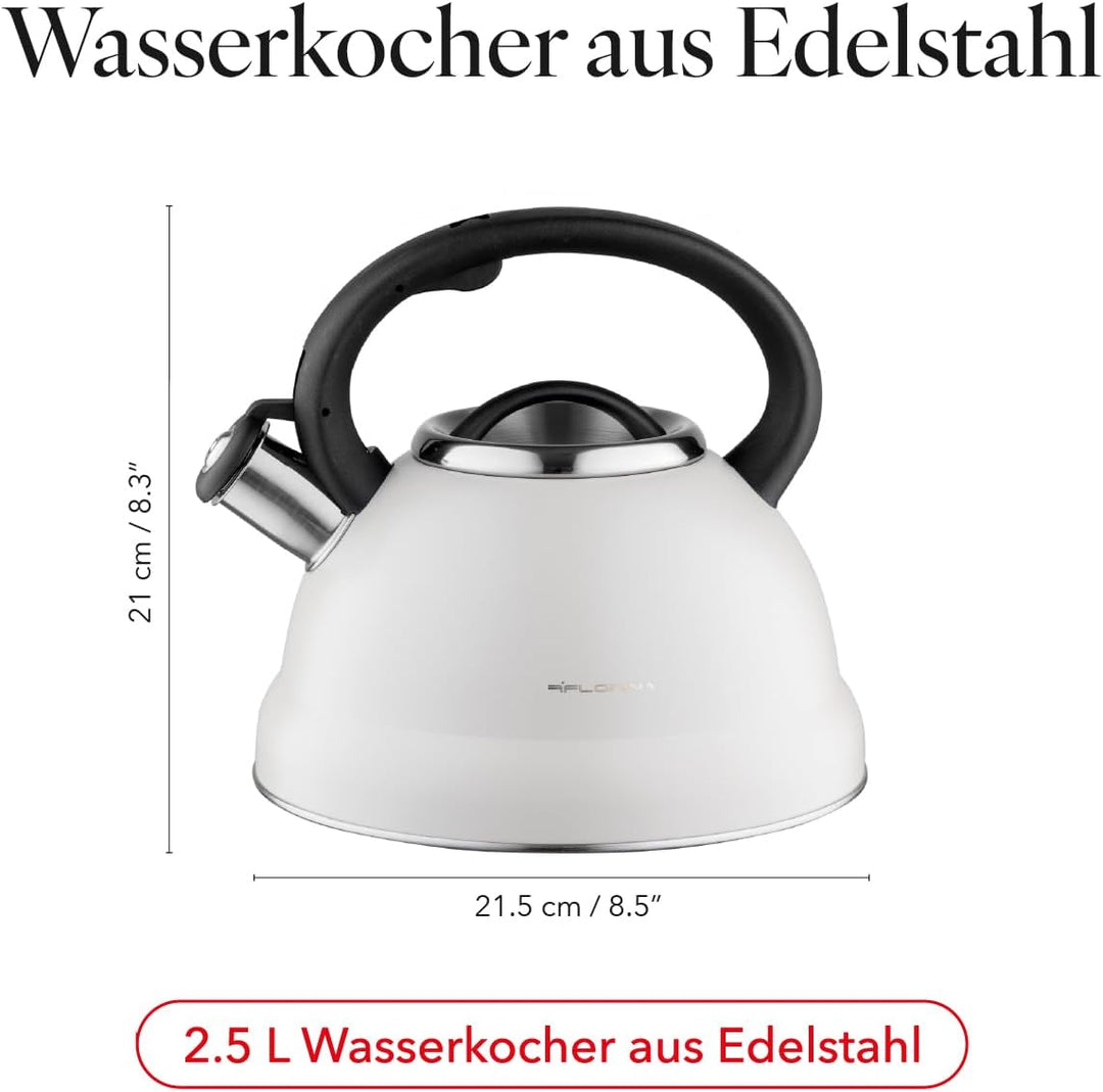 FLORINA Wasserkessel (2,5 l) | Edelstahl Teekessel JACOB | Flötenkessel mit Bakelit Griff & Pfeifton