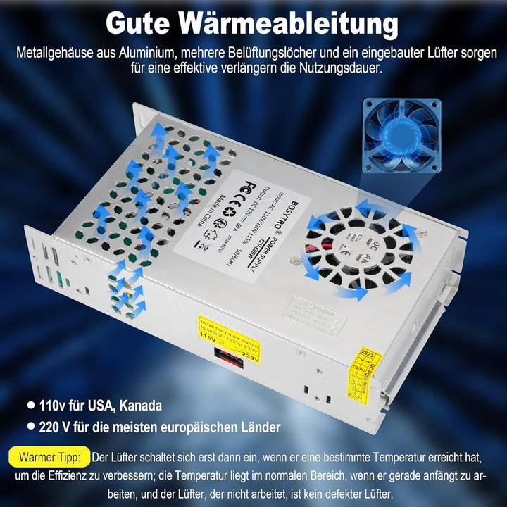 BOSYTRO 12V 50A 600W Schaltnetzteil, 12V Universal geregelter Netzteil AC110V / 220V (SMPS) LED Traf
