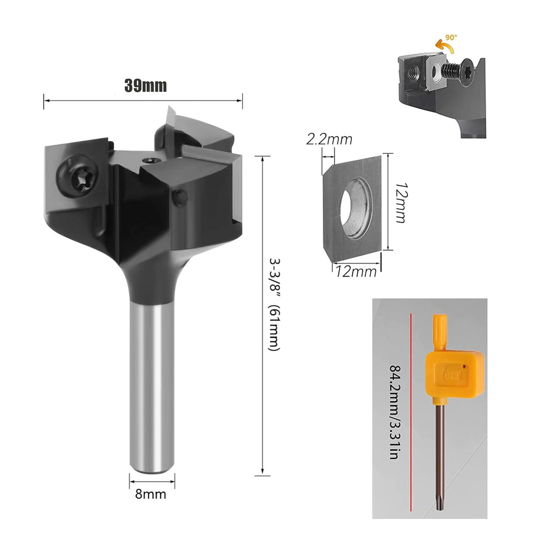 Sinoprotools Planfräser 8mm Schaft, 3-seitigem Hobelfräser mit Wendeplatten 12mm Hartmetallmesser, D