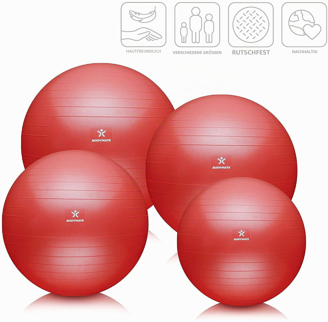 BODYMATE Gymnastikball Sitzball Trainingsball mit GRATIS E-Book inkl. Luft-Pumpe, Ball für Fitness,