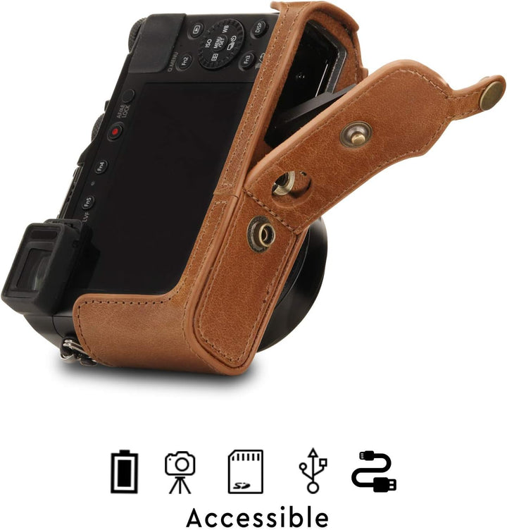 MegaGear MG1566 Panasonic Lumix DC-LX100 II Ever Ready Echtleder Kamera-Case mit Trageriemen - Braun