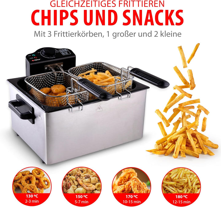 alpina Fritteuse - 3 Körbe - 5 Liter - 2000 Watt - Thermostat bis 190 °C - Anti-Heizung - Edelstahl