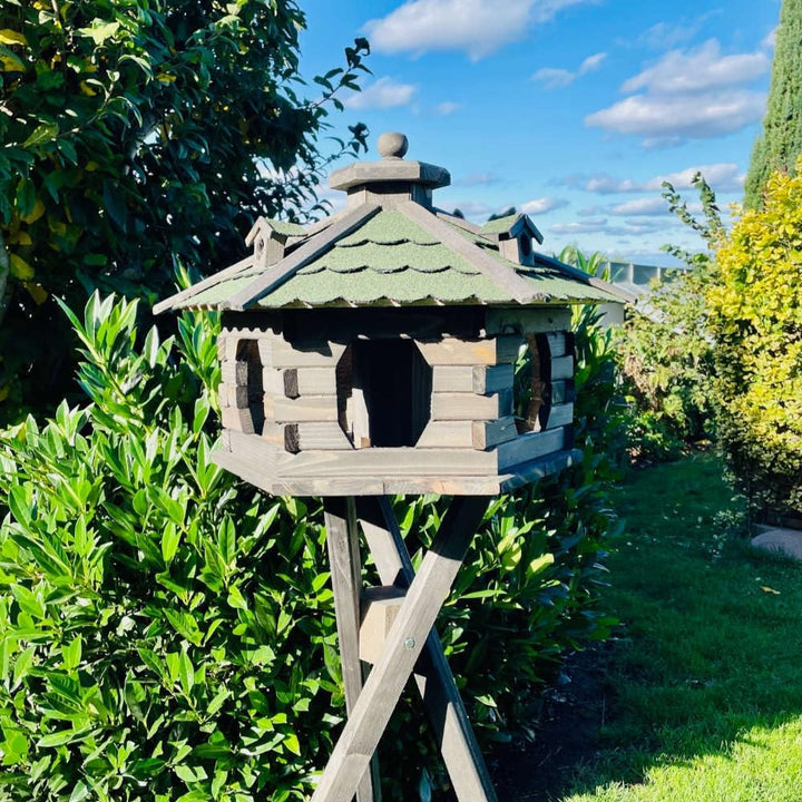 DARLUX Vogelfutterhaus XL Sechseck Vogelhaus + Ständer Futterstelle Braun/Grün XL mit Ständer Dunkel