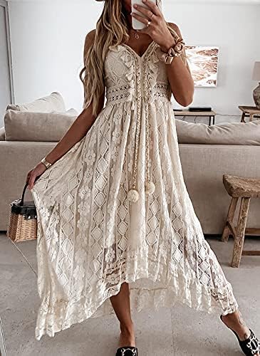 Damen-Maxikleid mit V-Ausschnitt, ärmellos, gestrickt, Spitze, Cutout, Schlinge, Rüschen, offener Rü