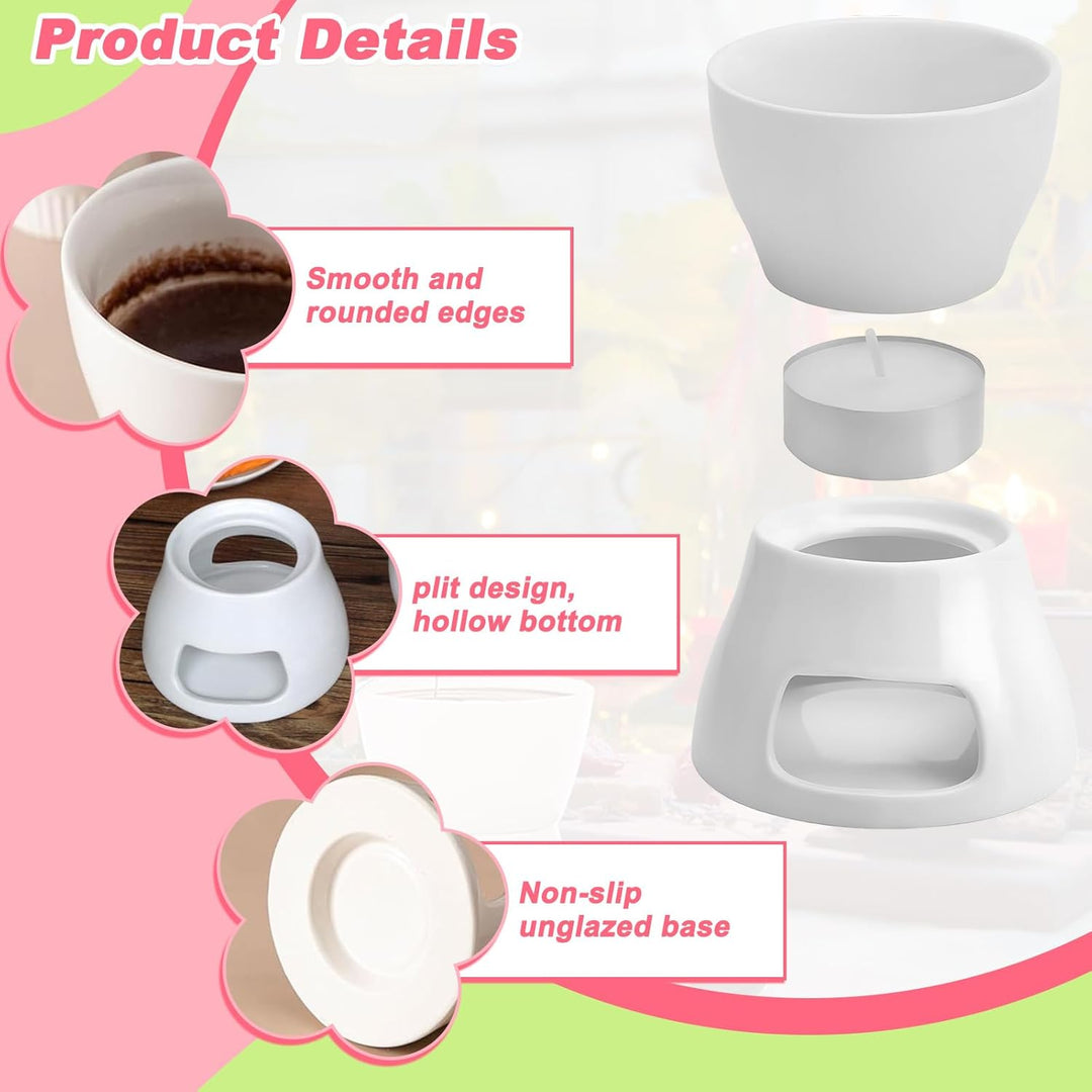 Keramik Schokofondue Tasse Set mit 4 Gabeln &amp; Teelichthalter, 300ml Schoko Fondue Tassen Butter Fond
