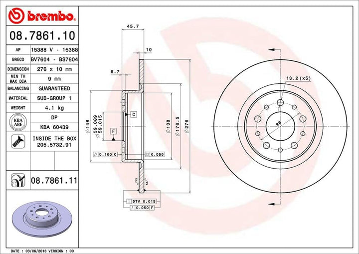 Brembo 08.7861.11 Hintere Bremsscheibe mit UV Lackierung, Anzahl 2