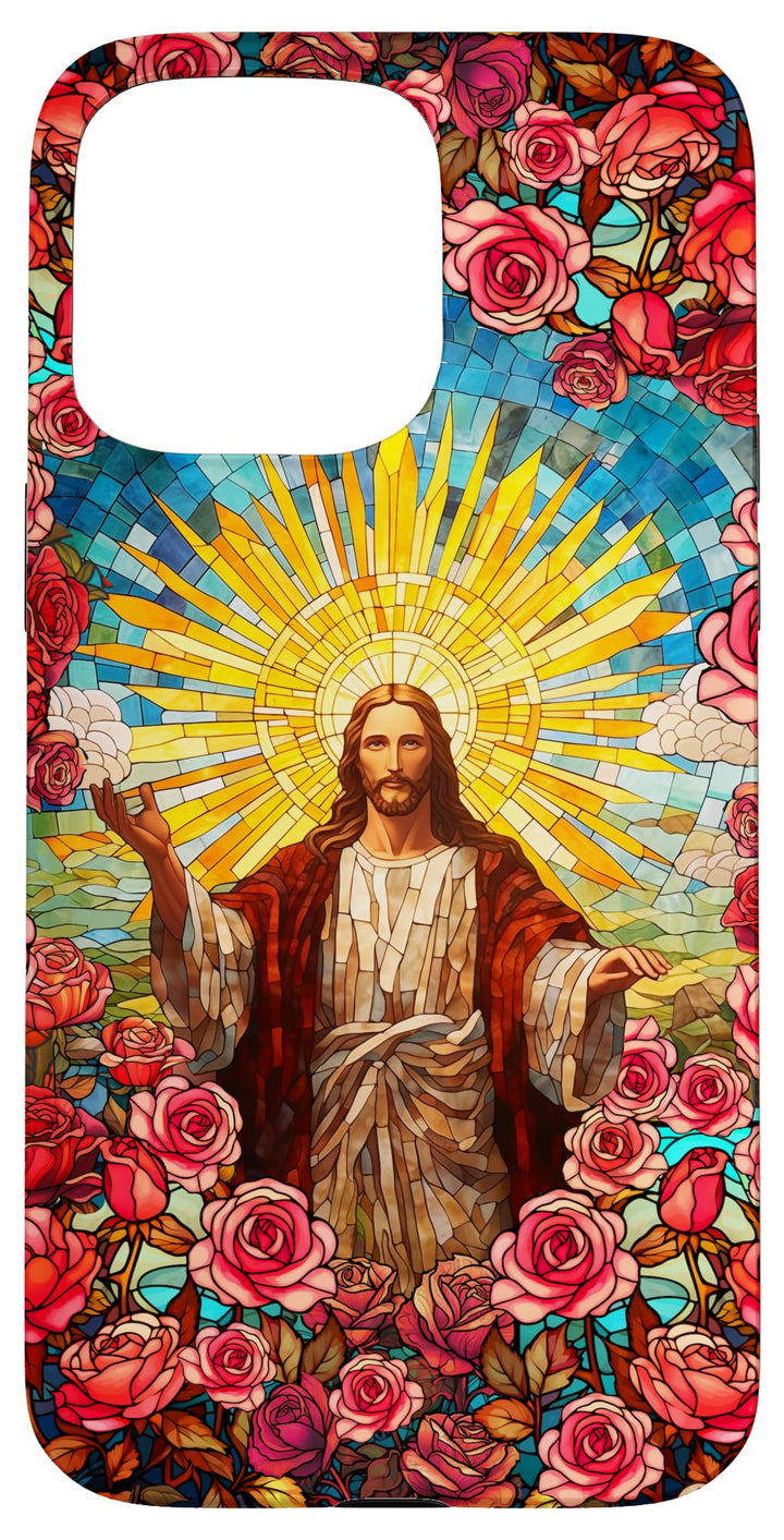Hülle für iPhone 15 Pro Max Jesus Roses Floral Buntglas Look Christian Faith Rose, iPhone 15 Pro Max