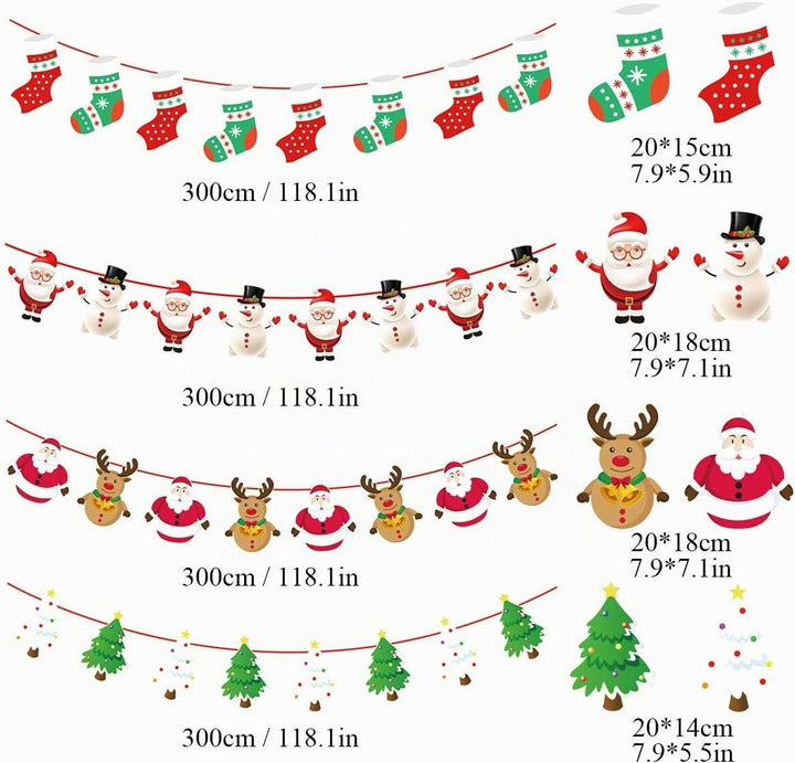 4 Stück Weihnachten Bunting Banner, Weihnachten Girlande Papier, Santa Banner Schneemann Weihnachtss