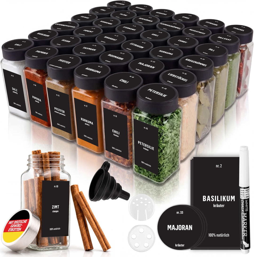 Deco haus® Gewürzgläser Eckig mit Gewürzetiketten Gewürzgläser mit Streueinsatz 36er Set - Gewürzdos