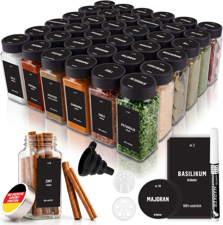 Deco haus® Gewürzgläser Eckig mit Gewürzetiketten Gewürzgläser mit Streueinsatz 36er Set - Gewürzdos