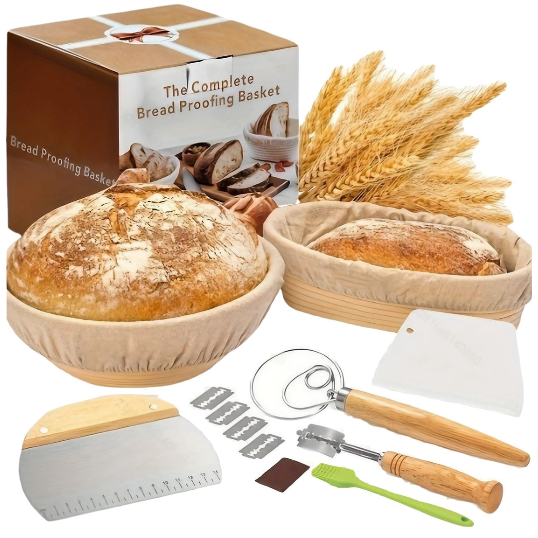 Brot Gärkorb Set aus 100% Rattan, 25cm Rund & 25cm Oval Gärkörbchen für Sauerteig Starter, Inkl. 2 B