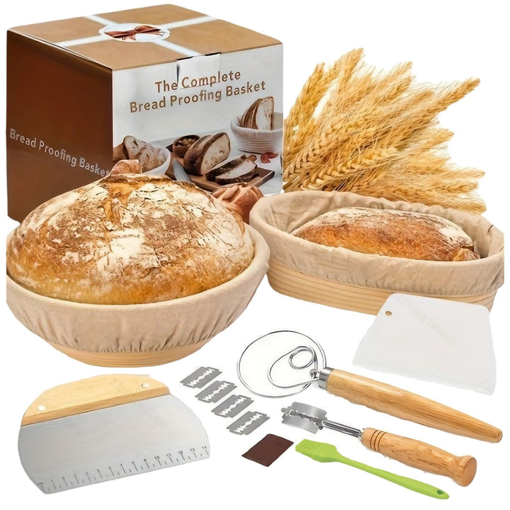 Brot Gärkorb Set aus 100% Rattan, 25cm Rund & 25cm Oval Gärkörbchen für Sauerteig Starter, Inkl. 2 B