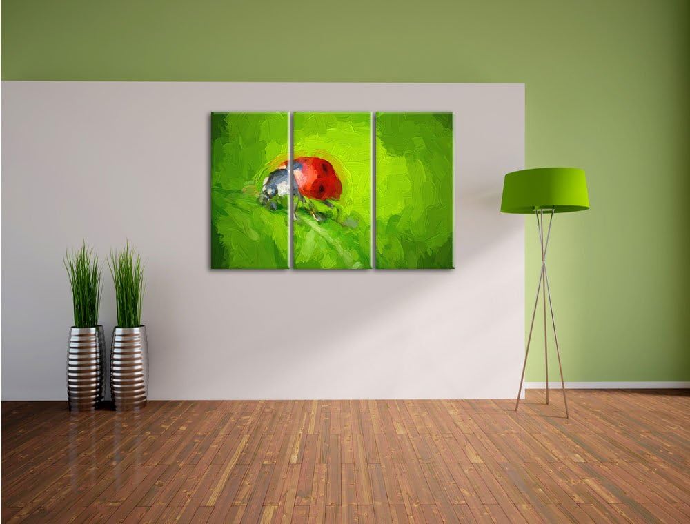 Pixxprint Kleiner Marienkäfer auf Blatt / 3-Teilig/Gesamtmass 120cm Leinwandbild bespannt auf Holzra