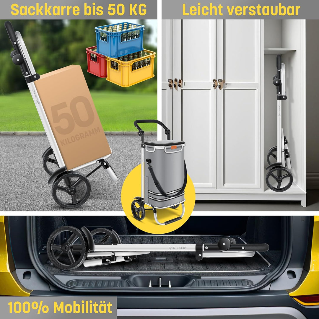 KESSER® Einkaufstrolley klappbar mit 56L Kapazität und belastbar bis 50kg | 3in1 Trolley Sackkarre &