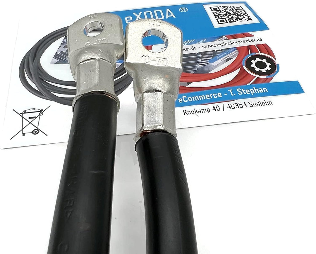 eXODA Batteriekabel 70 mm² 1,8m Kabelschuhe M8 und M10 Schwarz flexibles Kabel mit 99 Prozent Kupfer