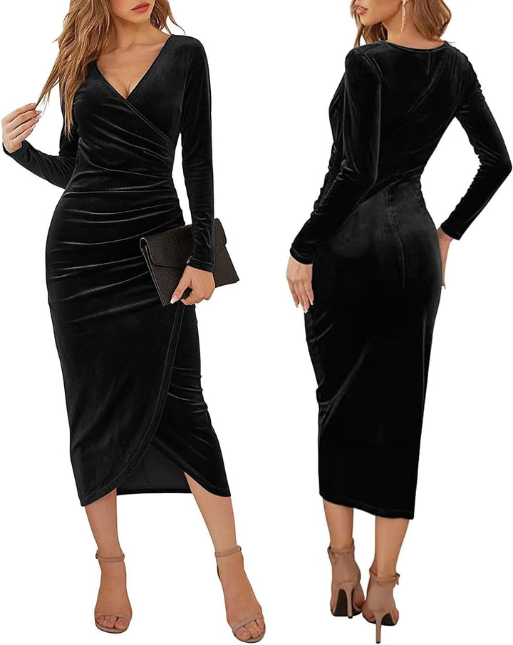 Joligiao Abendkleider Elegant für Hochzeit Samt Kleid Winterkleid Damen V Ausschnitt Partykleid Lang