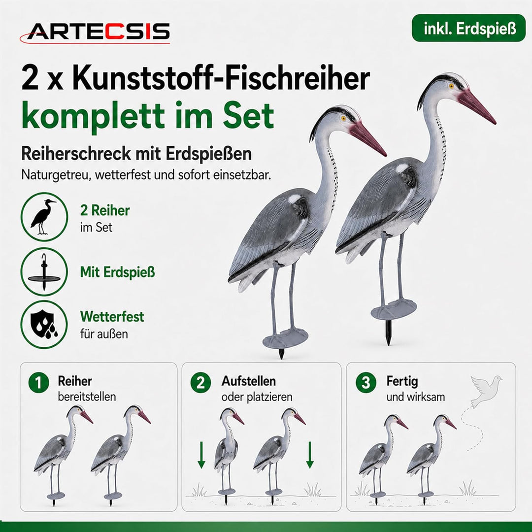ARTECSIS® 2 x Kunststoff-Fischreiher Attrappe (70 cm) mit Erdspiess aus Kunststoff - Gartenteich Rei