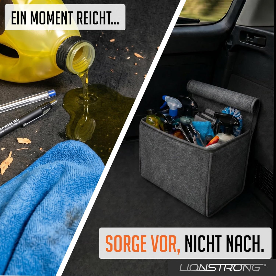 Auto Kofferraumtasche [HOCHWERTIGER FILZ] – Faltbar – Rutschfest mit Klettbändern zu befestigen – We